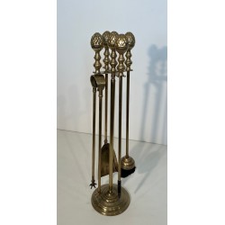 Neoclassical Brass Fireplace Companion Set with Ornate Pine Cone Finials, Baguès Style