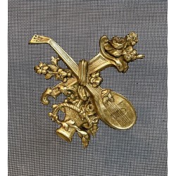 Neoclassical Brass and Wire Mesh Fireplace Screen, Mandolin and Floral Mounts, Marked MS