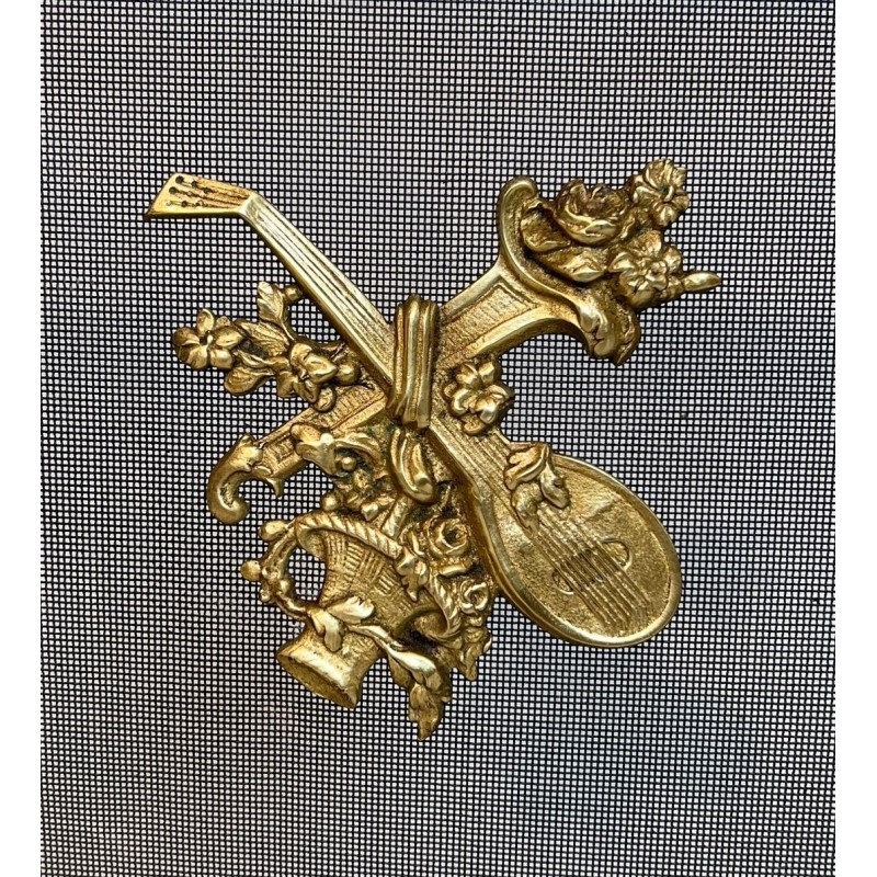 Neoclassical Brass and Wire Mesh Fireplace Screen, Mandolin and Floral Mounts, Marked MS