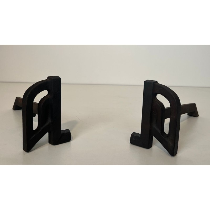 Pair of Small Modernist Cast Iron and Wrought Iron Andirons with Arch Uprights