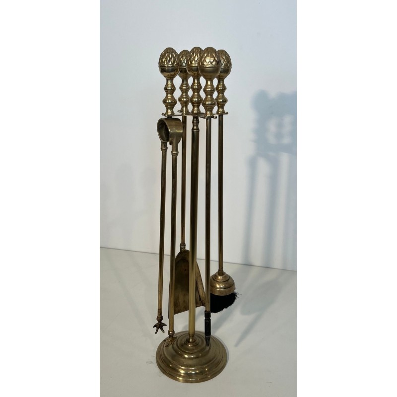 Neoclassical Brass Fireplace Companion Set with Ornate Pine Cone Finials, Baguès Style