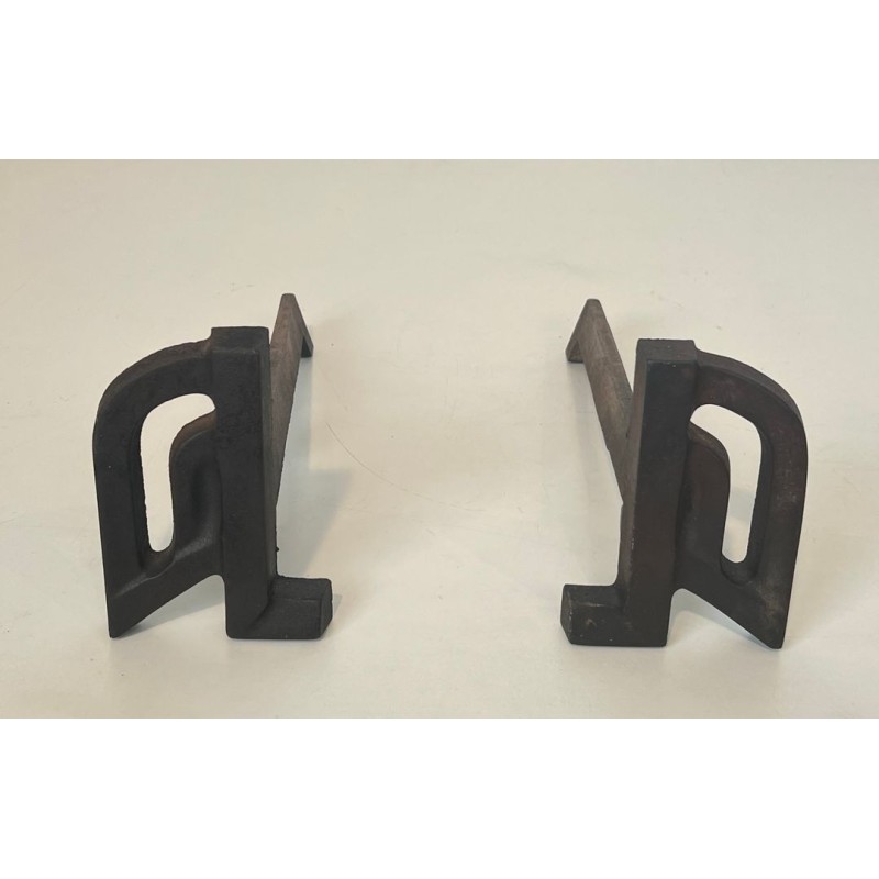 Pair of Small Modernist Cast Iron and Wrought Iron Andirons with Arch Uprights