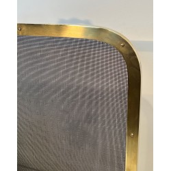 Neoclassical Brass and Wire Mesh Fireplace Screen, Mandolin and Floral Mounts, Marked MS