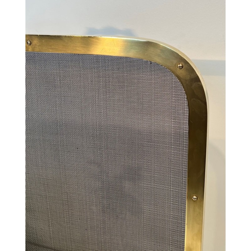 Neoclassical Brass and Wire Mesh Fireplace Screen, Mandolin and Floral Mounts, Marked MS