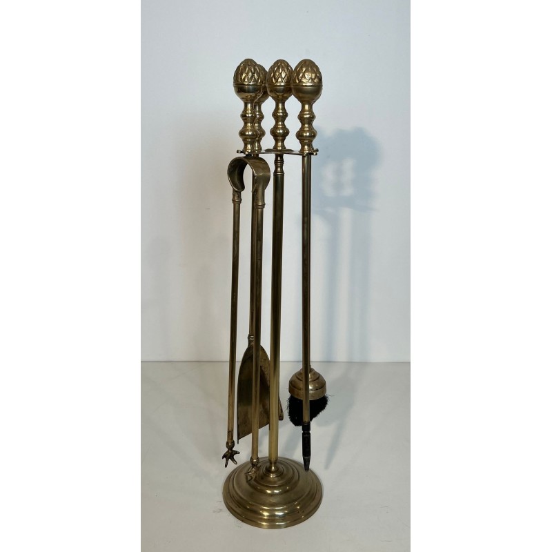 Neoclassical Brass Fireplace Companion Set with Ornate Pine Cone Finials, Baguès Style