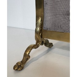 Neoclassical Brass and Wire Mesh Fireplace Screen, Mandolin and Floral Mounts, Marked MS