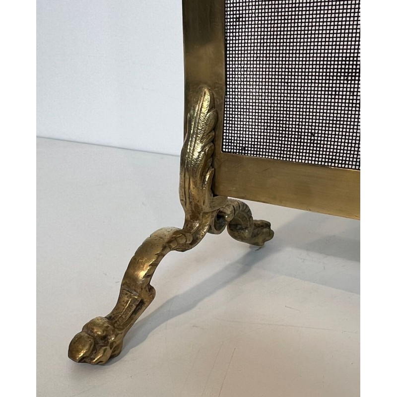 Neoclassical Brass and Wire Mesh Fireplace Screen, Mandolin and Floral Mounts, Marked MS