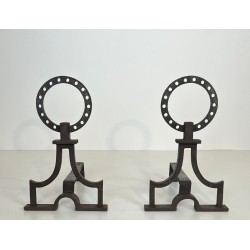 Pair of Modernist Wrought Iron Ring-Finial Andirons in the Style of Gilbert Poillerat