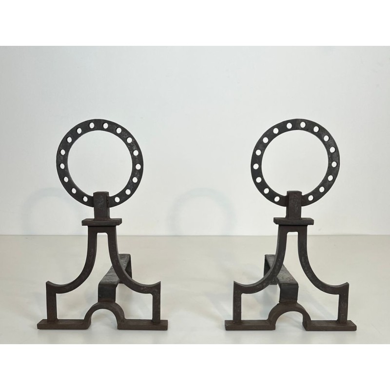 Pair of Modernist Wrought Iron Ring-Finial Andirons in the Style of Gilbert Poillerat