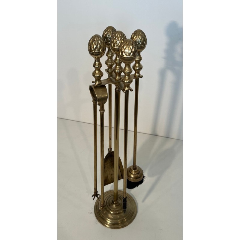 Neoclassical Brass Fireplace Companion Set with Ornate Pine Cone Finials, Baguès Style