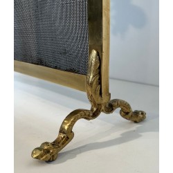 Neoclassical Brass and Wire Mesh Fireplace Screen, Mandolin and Floral Mounts, Marked MS