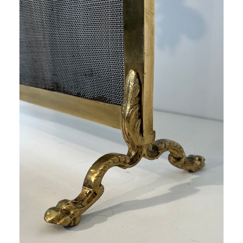 Neoclassical Brass and Wire Mesh Fireplace Screen, Mandolin and Floral Mounts, Marked MS