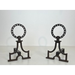 Pair of Modernist Wrought Iron Ring-Finial Andirons in the Style of Gilbert Poillerat