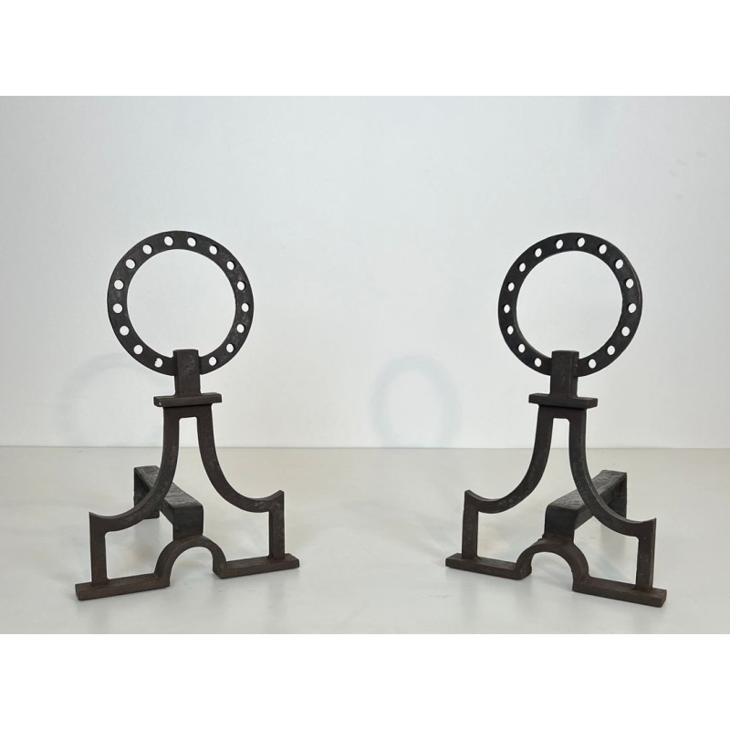 Pair of Modernist Wrought Iron Ring-Finial Andirons in the Style of Gilbert Poillerat