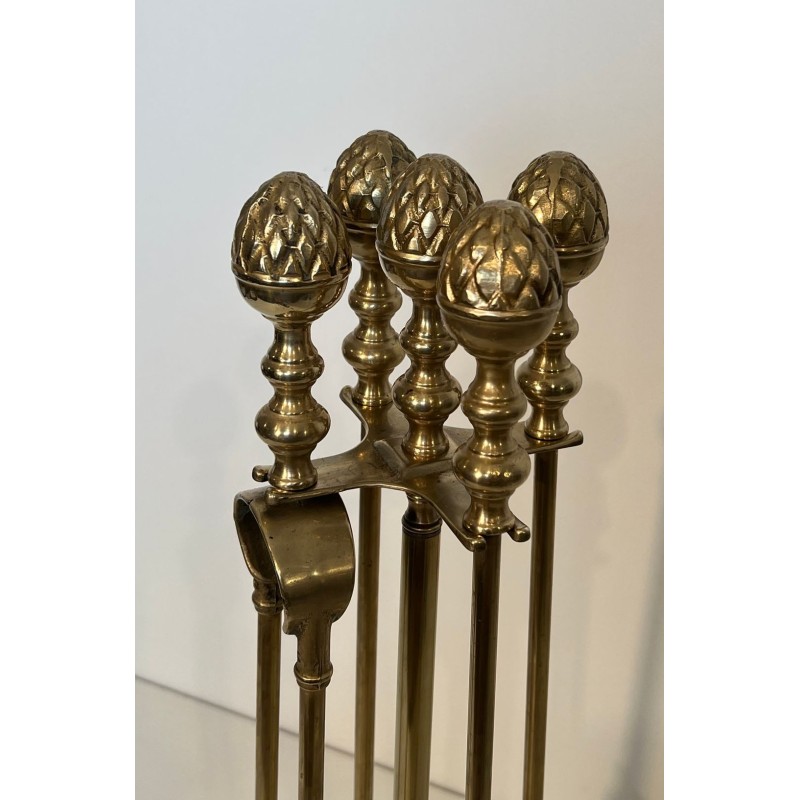 Neoclassical Brass Fireplace Companion Set with Ornate Pine Cone Finials, Baguès Style