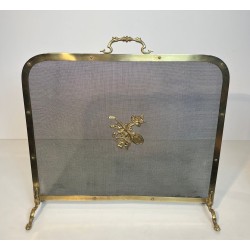 Neoclassical Brass and Wire Mesh Fireplace Screen, Mandolin and Floral Mounts, Marked MS
