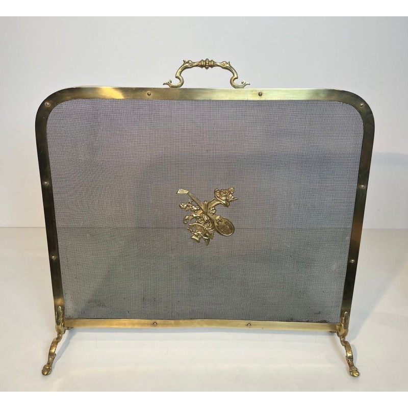 Neoclassical Brass and Wire Mesh Fireplace Screen, Mandolin and Floral Mounts, Marked MS