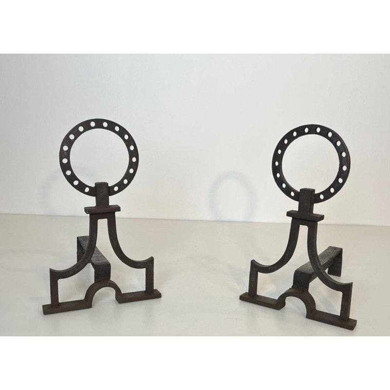 Pair of Modernist Wrought Iron Ring-Finial Andirons in the Style of Gilbert Poillerat