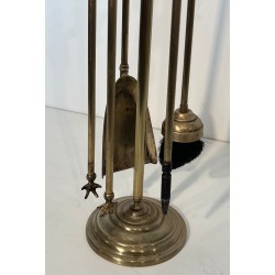 Neoclassical Brass Fireplace Companion Set with Ornate Pine Cone Finials, Baguès Style