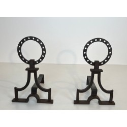 Pair of Modernist Wrought Iron Ring-Finial Andirons in the Style of Gilbert Poillerat