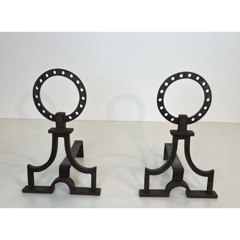 Pair of Modernist Wrought Iron Ring-Finial Andirons in the Style of Gilbert Poillerat