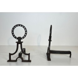 Pair of Modernist Wrought Iron Ring-Finial Andirons in the Style of Gilbert Poillerat