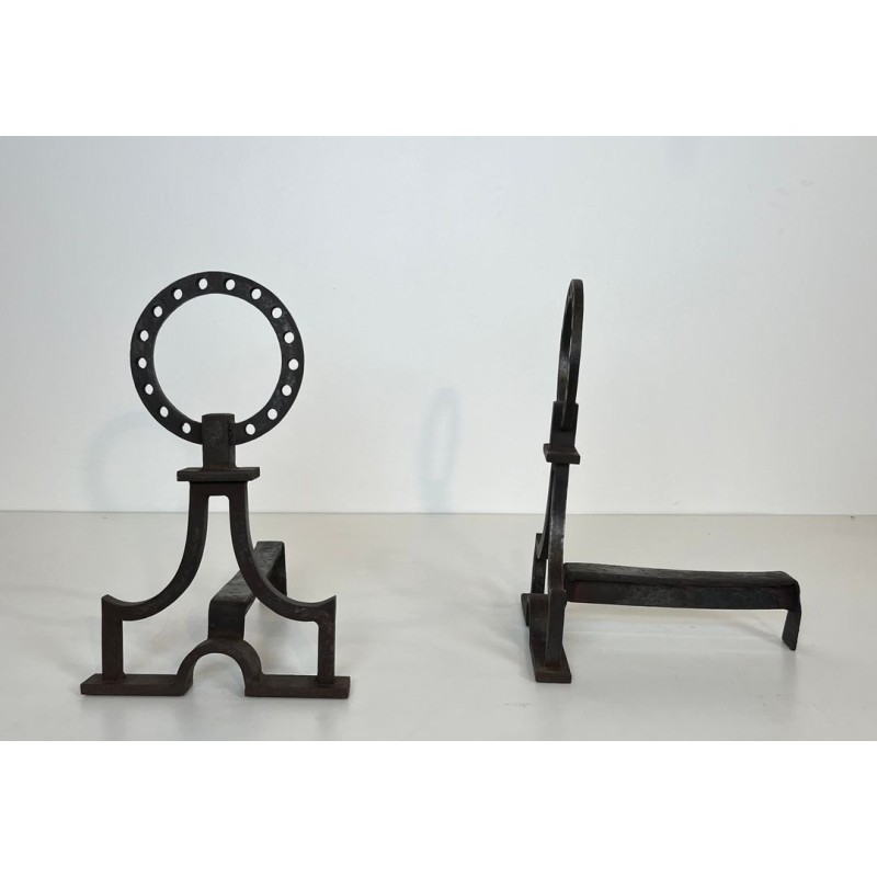 Pair of Modernist Wrought Iron Ring-Finial Andirons in the Style of Gilbert Poillerat