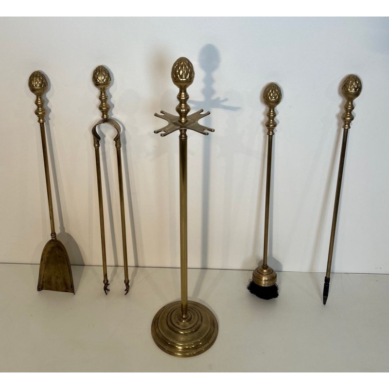 Neoclassical Brass Fireplace Companion Set with Ornate Pine Cone Finials, Baguès Style