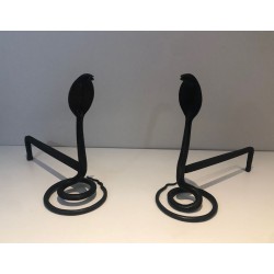Pair of Hammered Wrought Iron Cobra Andirons in the Style of Edgar Brandt