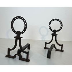 Pair of Modernist Wrought Iron Ring-Finial Andirons in the Style of Gilbert Poillerat