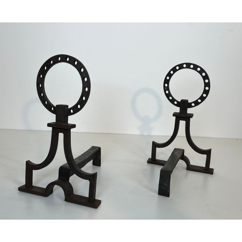 Pair of Modernist Wrought Iron Ring-Finial Andirons in the Style of Gilbert Poillerat