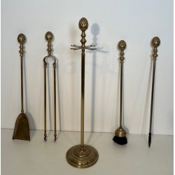 Neoclassical Brass Fireplace Companion Set with Ornate Pine Cone Finials, Baguès Style