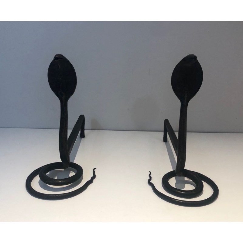 Pair of Hammered Wrought Iron Cobra Andirons in the Style of Edgar Brandt