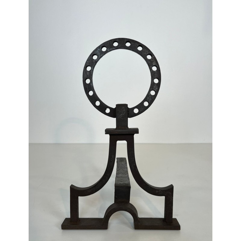 Pair of Modernist Wrought Iron Ring-Finial Andirons in the Style of Gilbert Poillerat