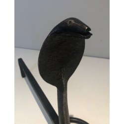 Pair of Hammered Wrought Iron Cobra Andirons in the Style of Edgar Brandt