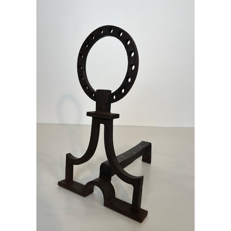Pair of Modernist Wrought Iron Ring-Finial Andirons in the Style of Gilbert Poillerat