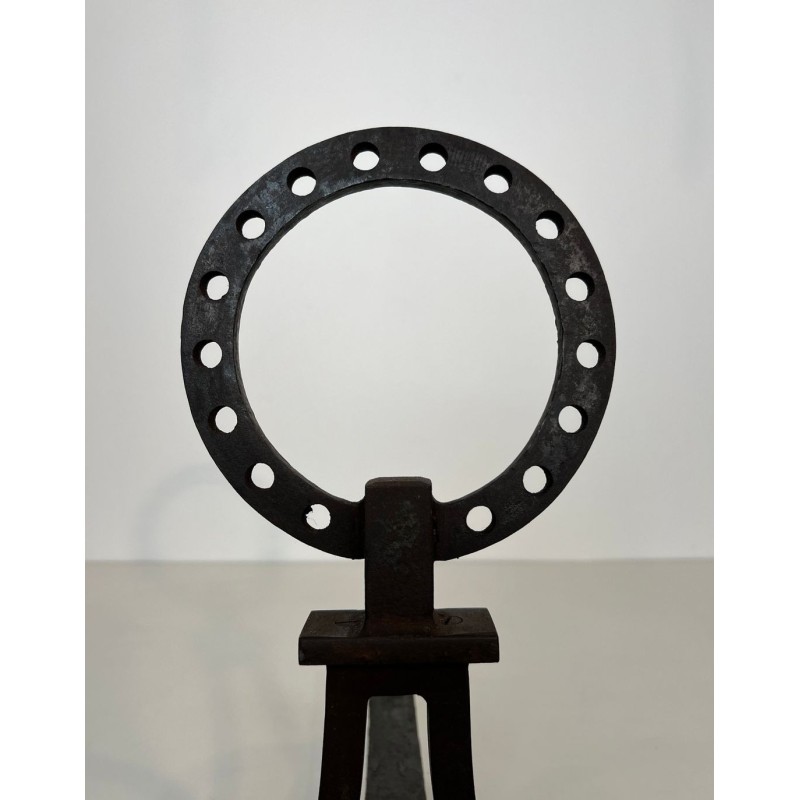 Pair of Modernist Wrought Iron Ring-Finial Andirons in the Style of Gilbert Poillerat
