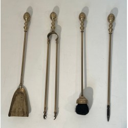 Neoclassical Brass Fireplace Companion Set with Ornate Pine Cone Finials, Baguès Style