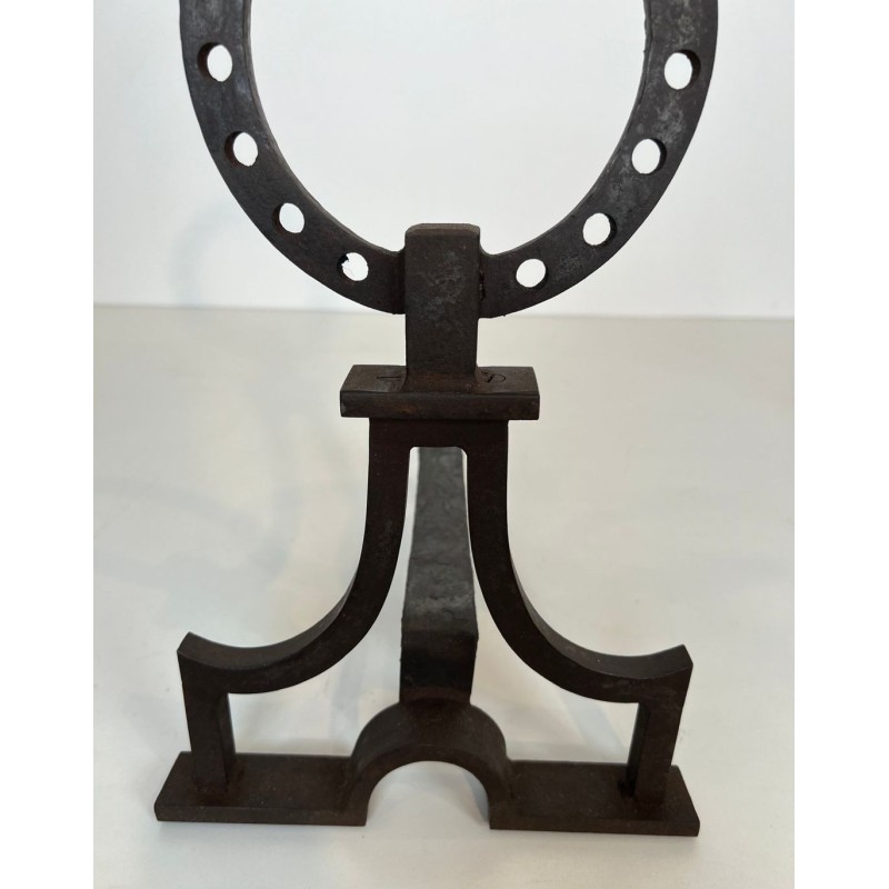 Pair of Modernist Wrought Iron Ring-Finial Andirons in the Style of Gilbert Poillerat
