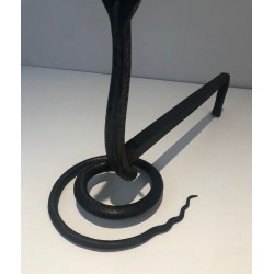 Pair of Hammered Wrought Iron Cobra Andirons in the Style of Edgar Brandt