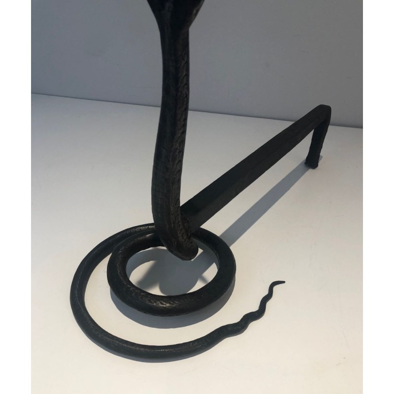 Pair of Hammered Wrought Iron Cobra Andirons in the Style of Edgar Brandt