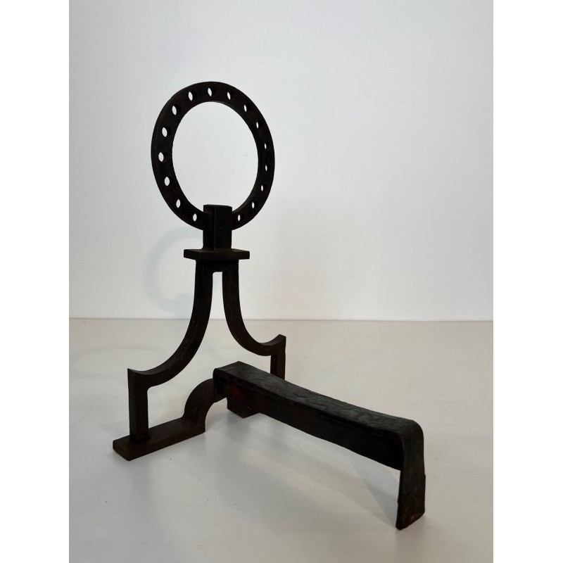 Pair of Modernist Wrought Iron Ring-Finial Andirons in the Style of Gilbert Poillerat