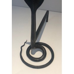Pair of Hammered Wrought Iron Cobra Andirons in the Style of Edgar Brandt
