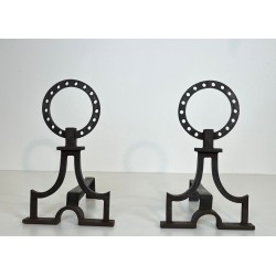 Pair of Modernist Wrought Iron Ring-Finial Andirons in the Style of Gilbert Poillerat