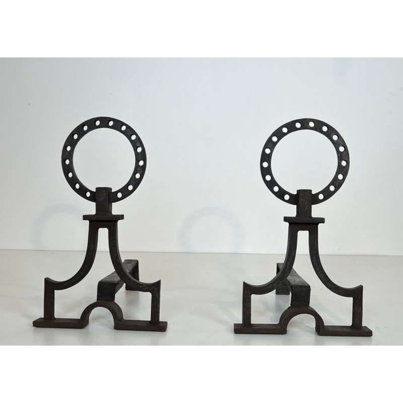 Pair of Modernist Wrought Iron Ring-Finial Andirons in the Style of Gilbert Poillerat