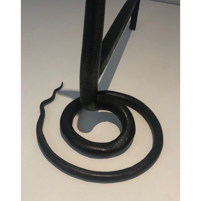 Pair of Hammered Wrought Iron Cobra Andirons in the Style of Edgar Brandt