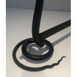 Pair of Hammered Wrought Iron Cobra Andirons in the Style of Edgar Brandt