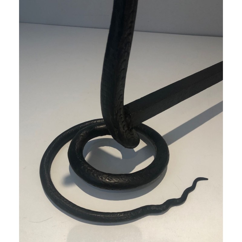 Pair of Hammered Wrought Iron Cobra Andirons in the Style of Edgar Brandt