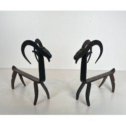 Pair of Wrought Iron Goat Andirons in the Style of Édouard Schenck