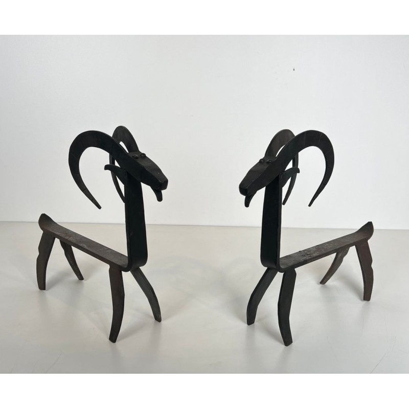Pair of Wrought Iron Goat Andirons in the Style of Édouard Schenck